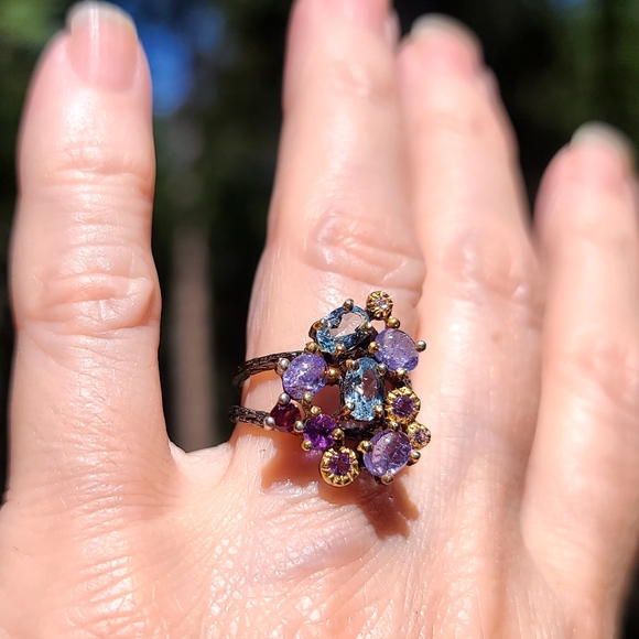 Blue Topaz Tanzanite Amethyst & Rhodolite Sterling 🍸 Cocktail 💍 ring sz6.5 - Picture 4 of 8